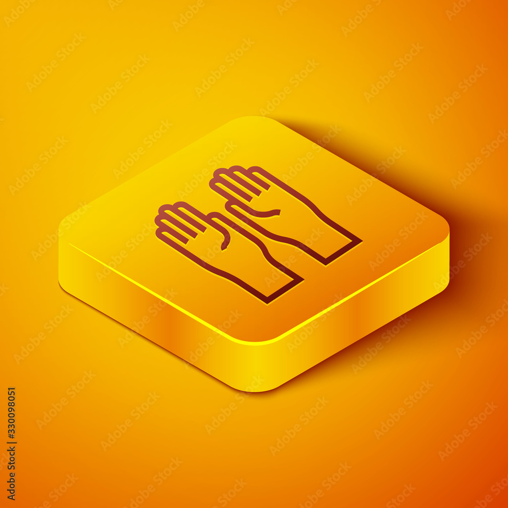 Isometric line Rubber gloves icon isolated on orange background. Latex hand protection sign. Housewo