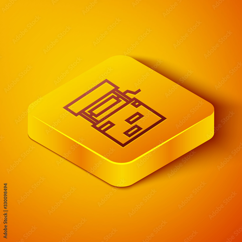 Isometric line Well icon isolated on orange background. Yellow square button. Vector Illustration