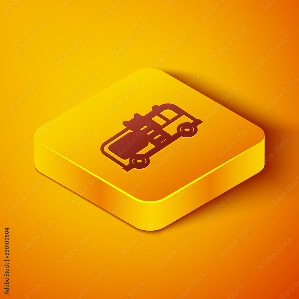 Isometric line Fire truck icon isolated on orange background. Fire engine. Firefighters emergency ve