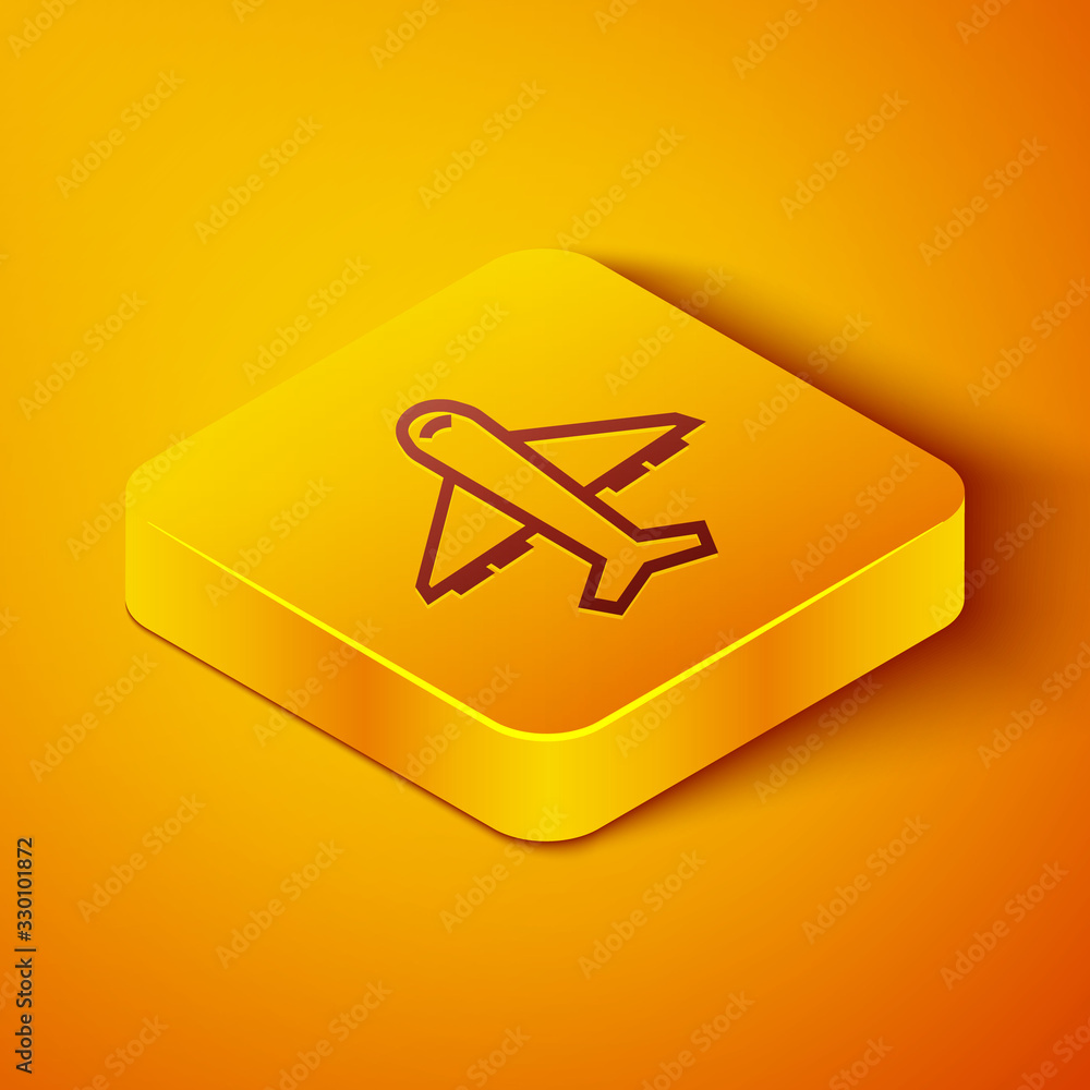 Isometric line Plane icon isolated on orange background. Flying airplane icon. Airliner sign. Yellow