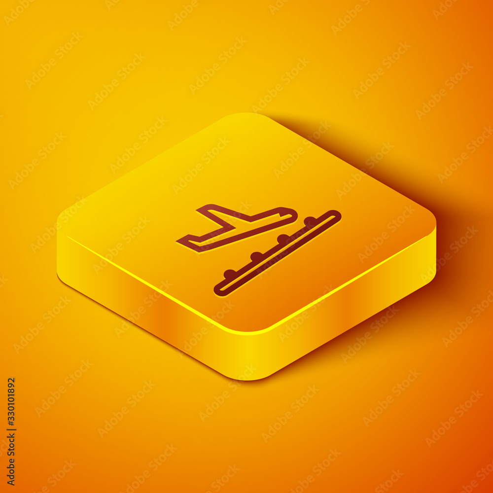 Isometric line Plane landing icon isolated on orange background. Airplane transport symbol. Yellow s