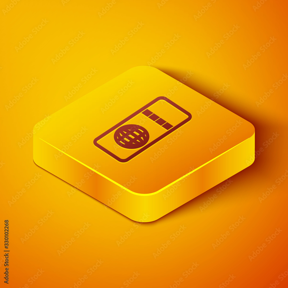 Isometric line Airline ticket icon isolated on orange background. Plane ticket. Yellow square button