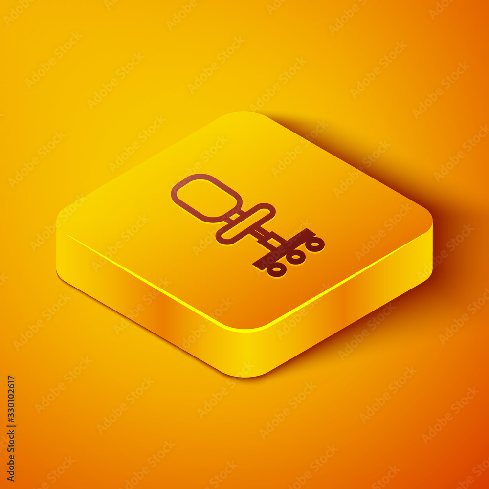 Isometric line Office chair icon isolated on orange background. Yellow square button. Vector Illustr