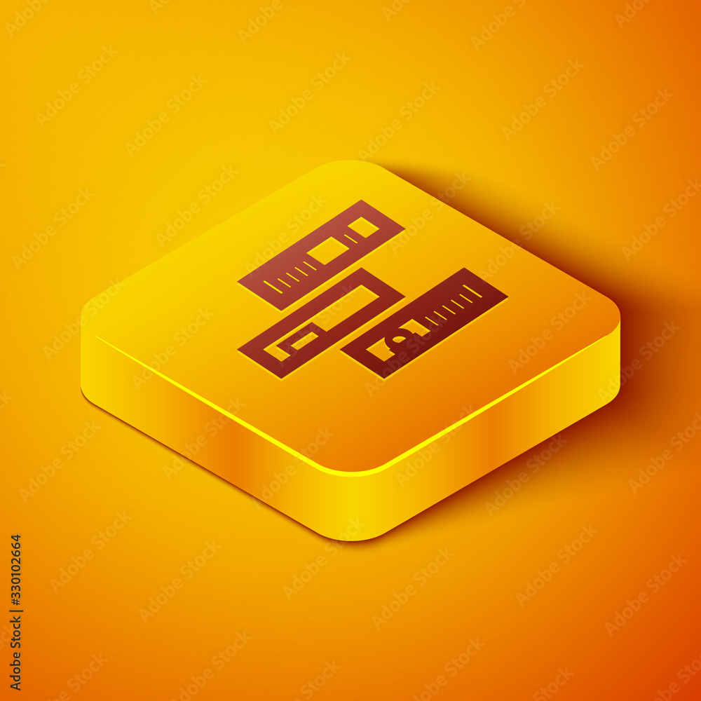 Isometric line Shelf with books icon isolated on orange background. Shelves sign. Yellow square butt