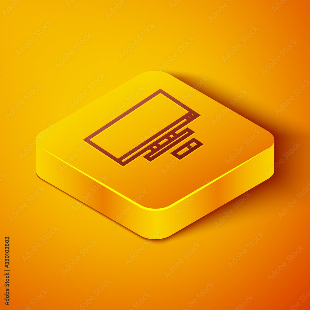 Isometric line Smart Tv icon isolated on orange background. Television sign. Yellow square button. V