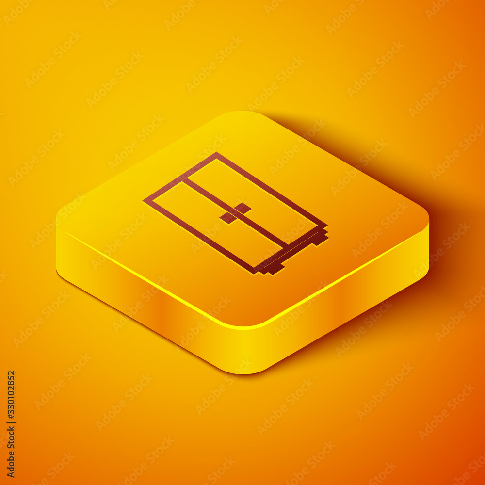 Isometric line Wardrobe icon isolated on orange background. Yellow square button. Vector Illustratio