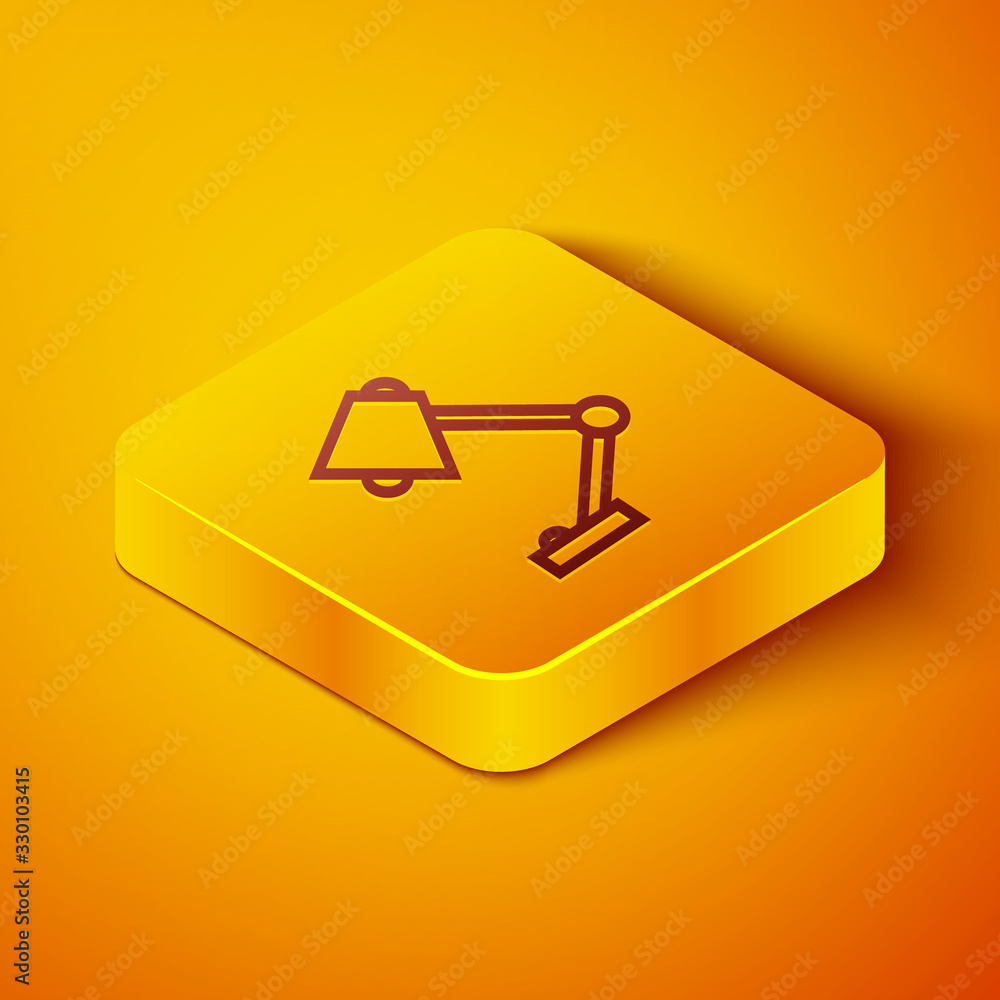 Isometric line Table lamp icon isolated on orange background. Yellow square button. Vector Illustrat