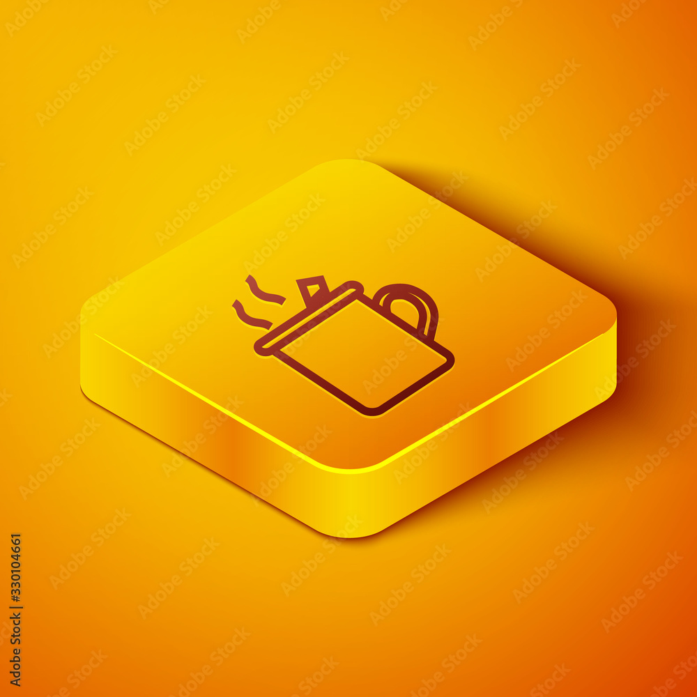 Isometric line Mulled wine with glass of drink and ingredients icon isolated on orange background. C