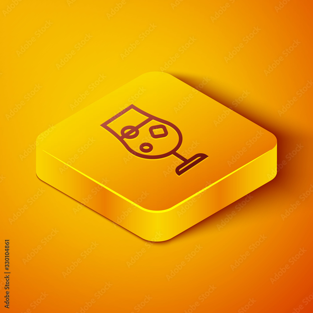 Isometric line Cocktail and alcohol drink icon isolated on orange background. Yellow square button. 