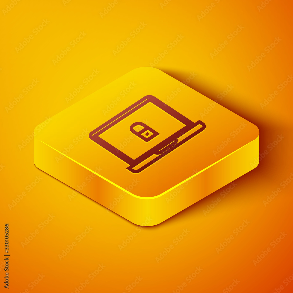 Isometric line Laptop and lock icon isolated on orange background. Computer and padlock. Security, s