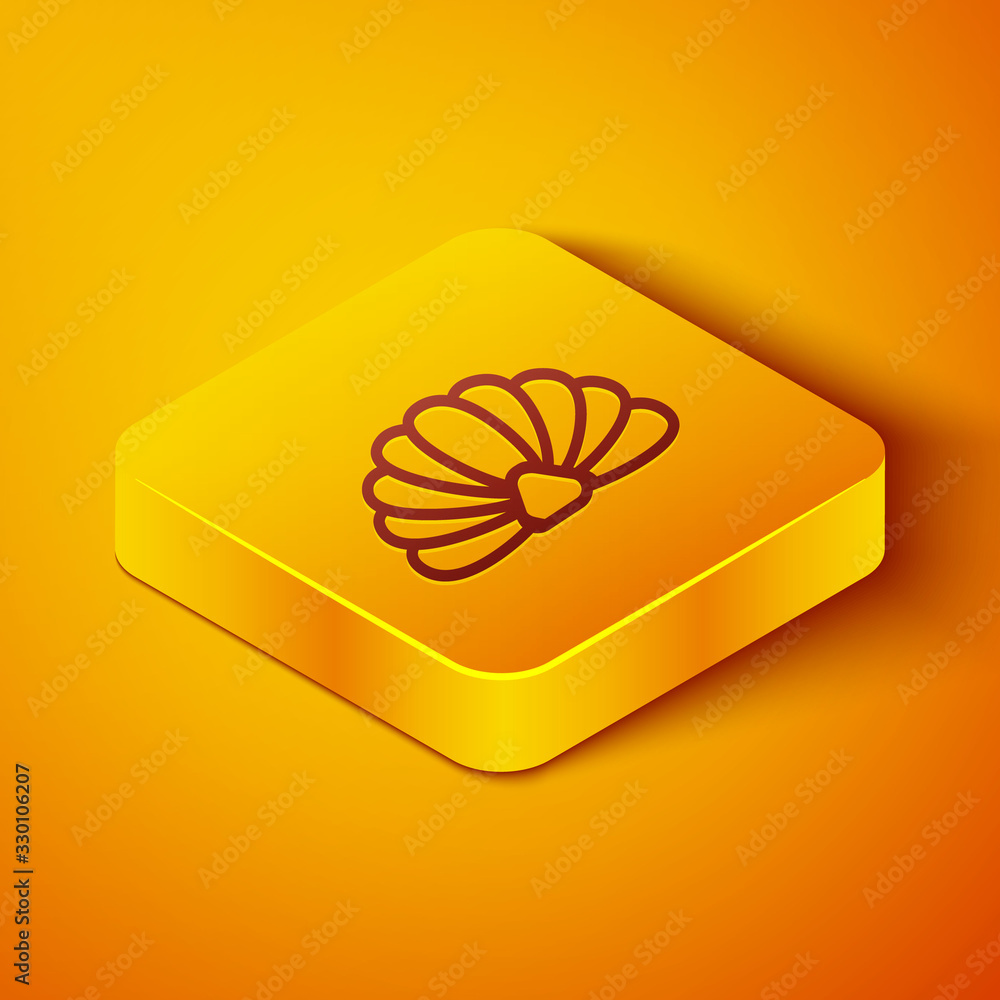 Isometric line Scallop sea shell icon isolated on orange background. Seashell sign.Yellow square but