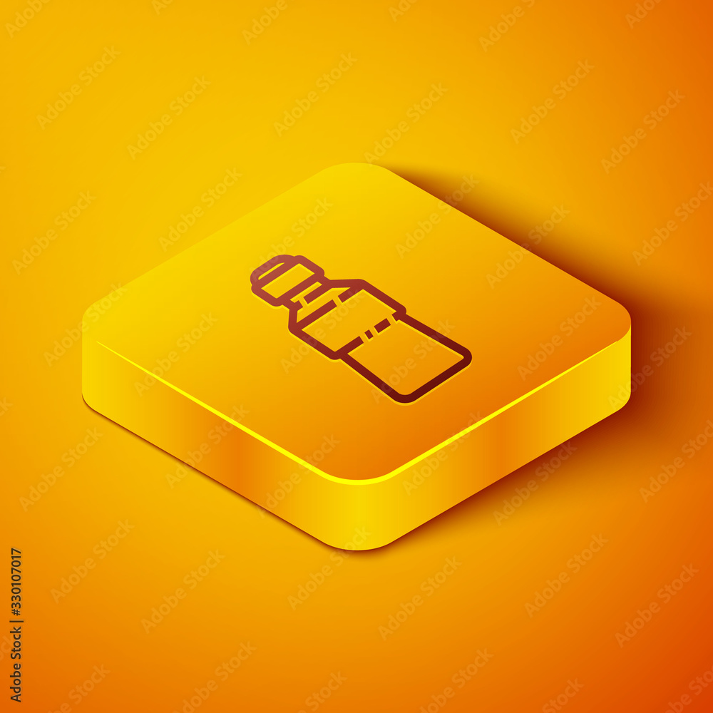 Isometric line Bottle of water icon isolated on orange background. Soda aqua drink sign. Yellow squa