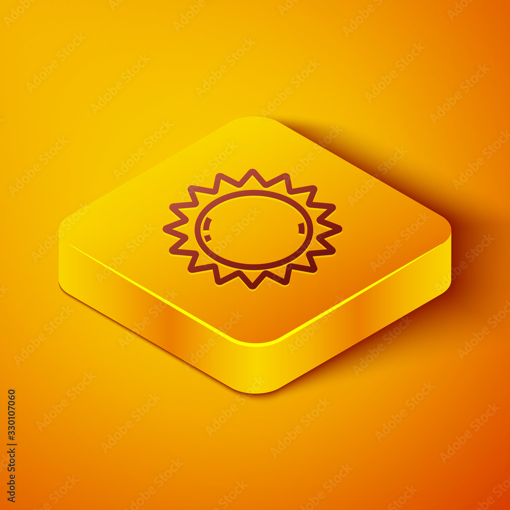 Isometric line Sun icon isolated on orange background. Summer symbol. Good sunny day. Yellow square 