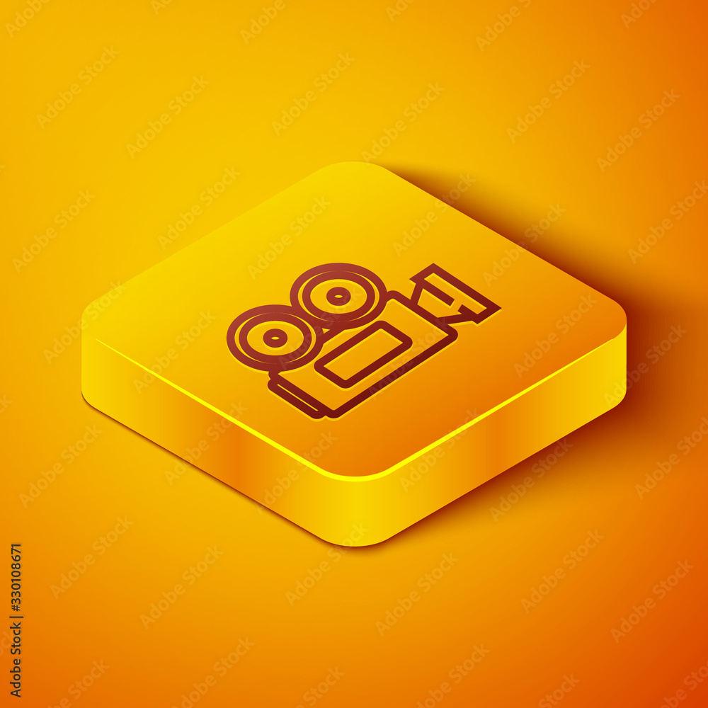 Isometric line Cinema camera icon isolated on orange background. Video camera. Movie sign. Film proj