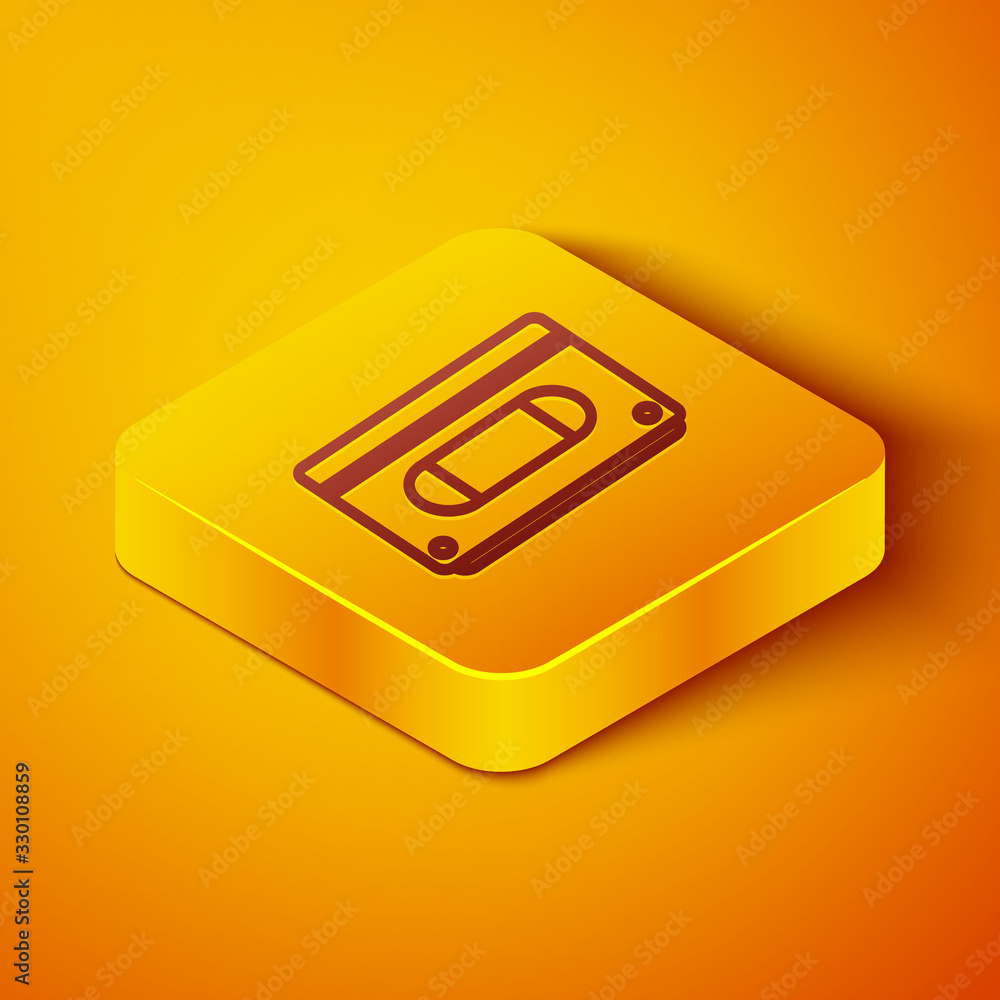 Isometric line VHS video cassette tape icon isolated on orange background. Yellow square button. Vec