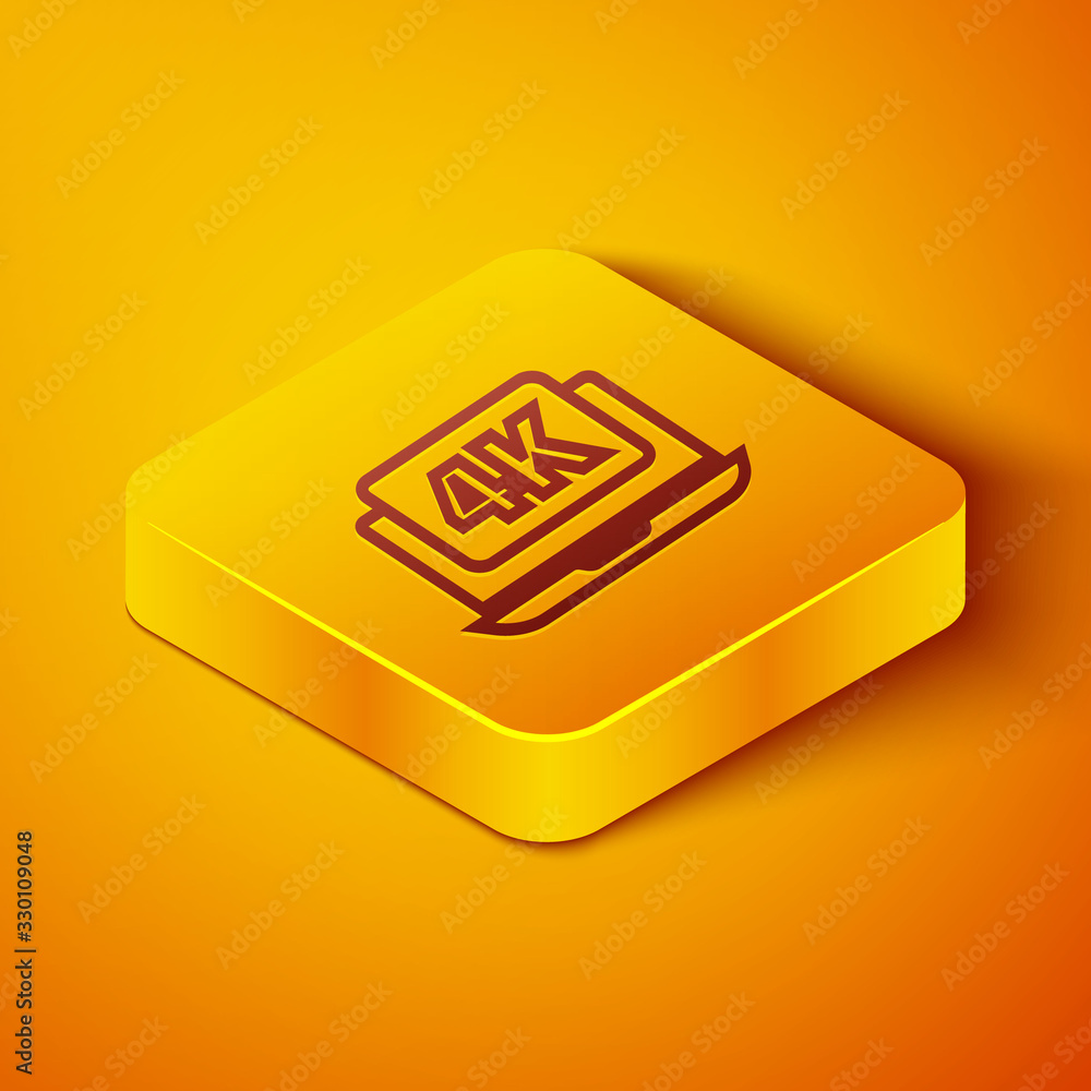 Isometric line Laptop screen with 4k video technology icon isolated on orange background. Yellow squ