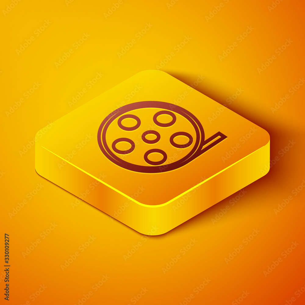 Isometric line Film reel icon isolated on orange background. Yellow square button. Vector Illustrati