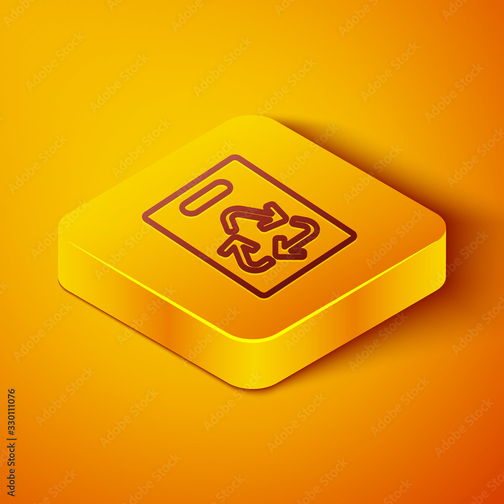 Isometric line Paper shopping bag with recycle icon isolated on orange background. Bag with recyclin