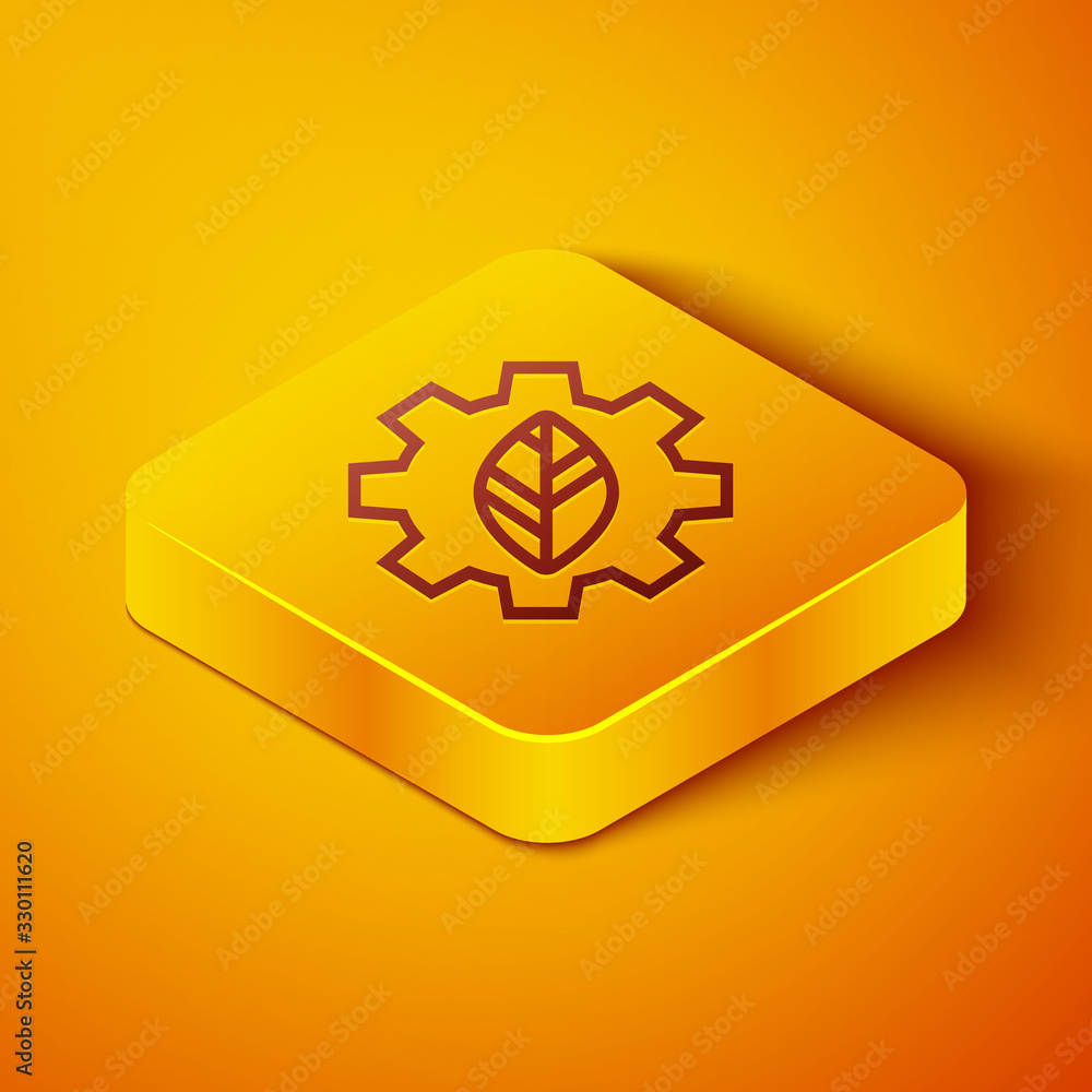 Isometric line Leaf plant ecology in gear machine icon isolated on orange background. Eco friendly t