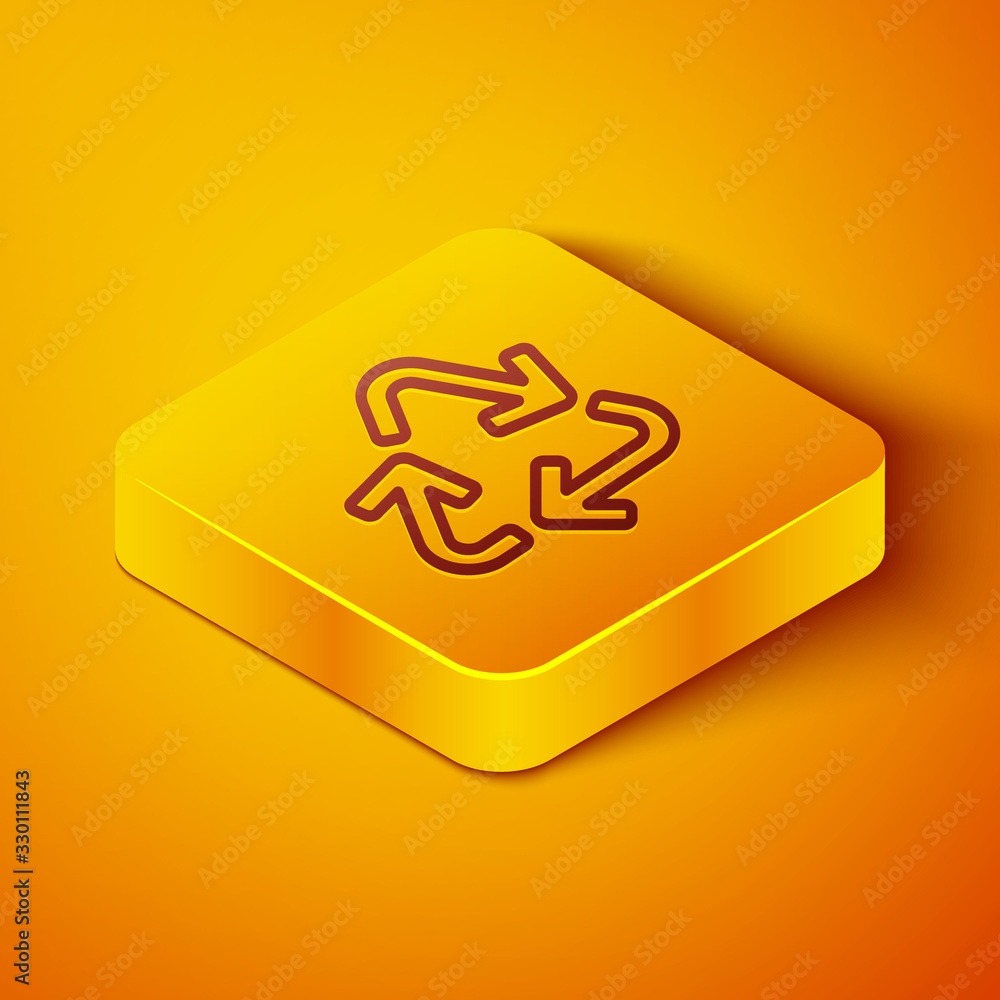 Isometric line Recycle symbol icon isolated on orange background. Circular arrow icon. Environment r