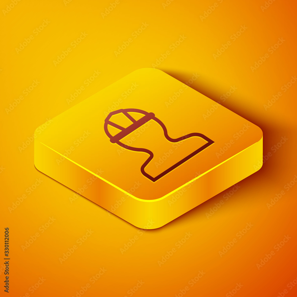 Isometric line Worker safety helmet icon isolated on orange background. Yellow square button. Vector