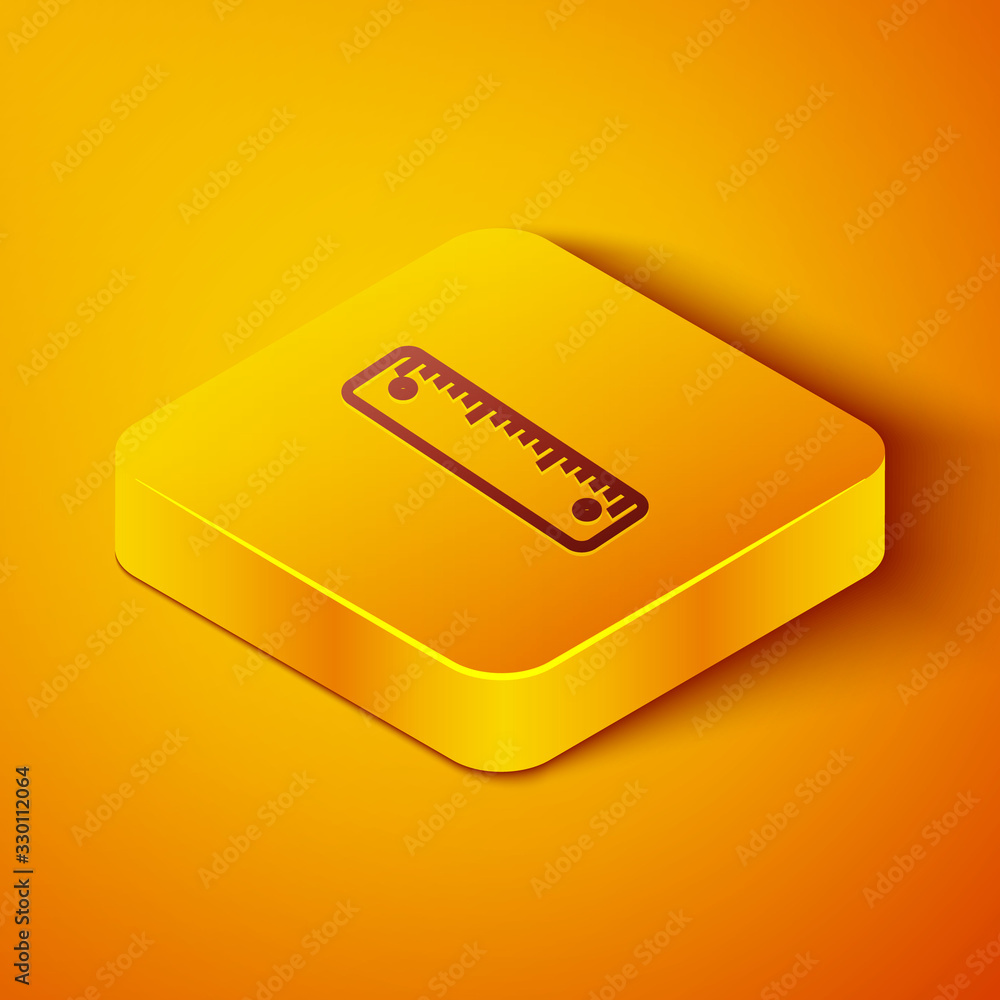 Isometric line Ruler icon isolated on orange background. Straightedge symbol. Yellow square button. 