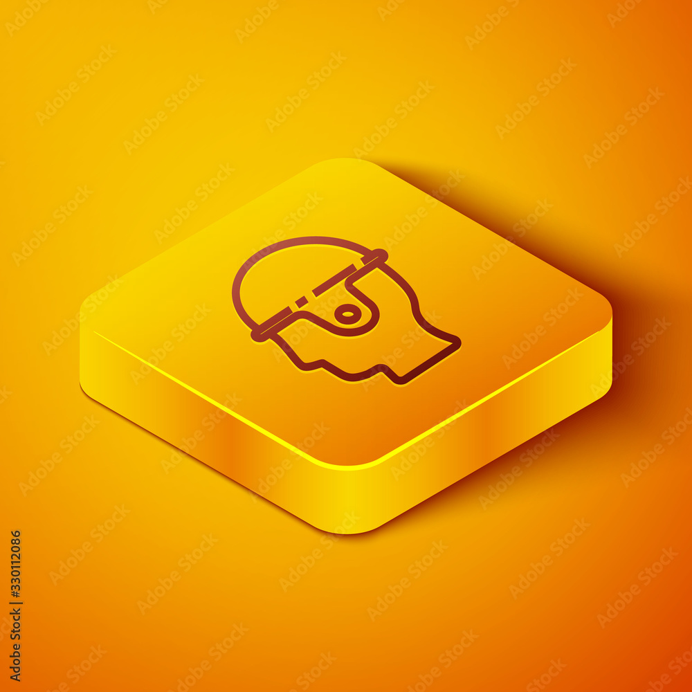 Isometric line Worker safety helmet icon isolated on orange background. Yellow square button. Vector