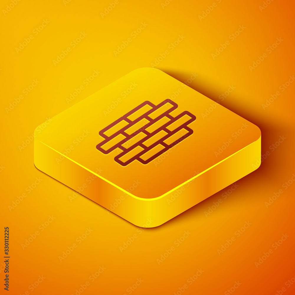 Isometric line Bricks icon isolated on orange background. Yellow square button. Vector Illustration