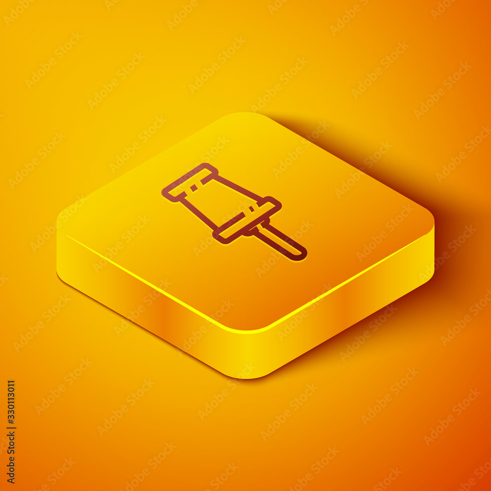 Isometric line Push pin icon isolated on orange background. Thumbtacks sign. Yellow square button. V