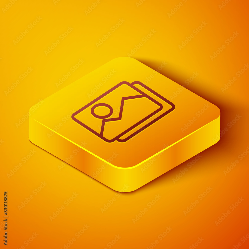 Isometric line Picture landscape icon isolated on orange background. Yellow square button. Vector Il