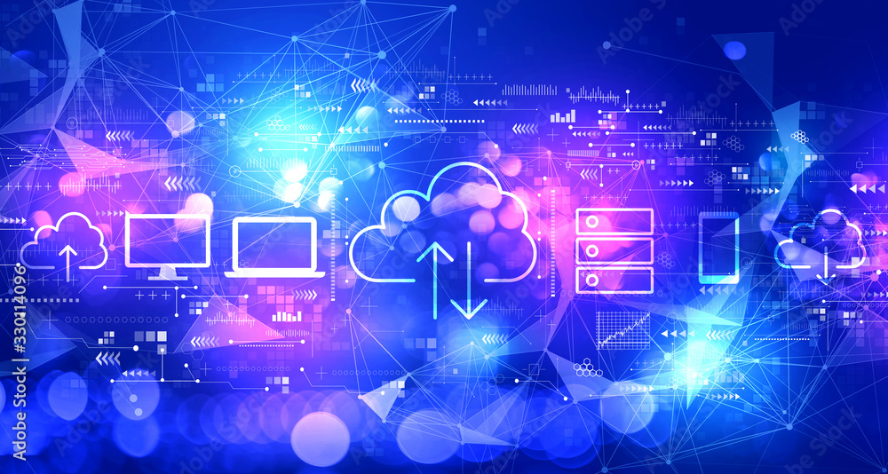 Cloud computing with technology blurred abstract light background