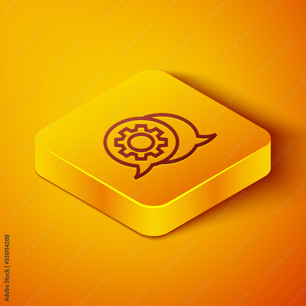 Isometric line Speech bubble chat icon isolated on orange background. Message icon. Communication or