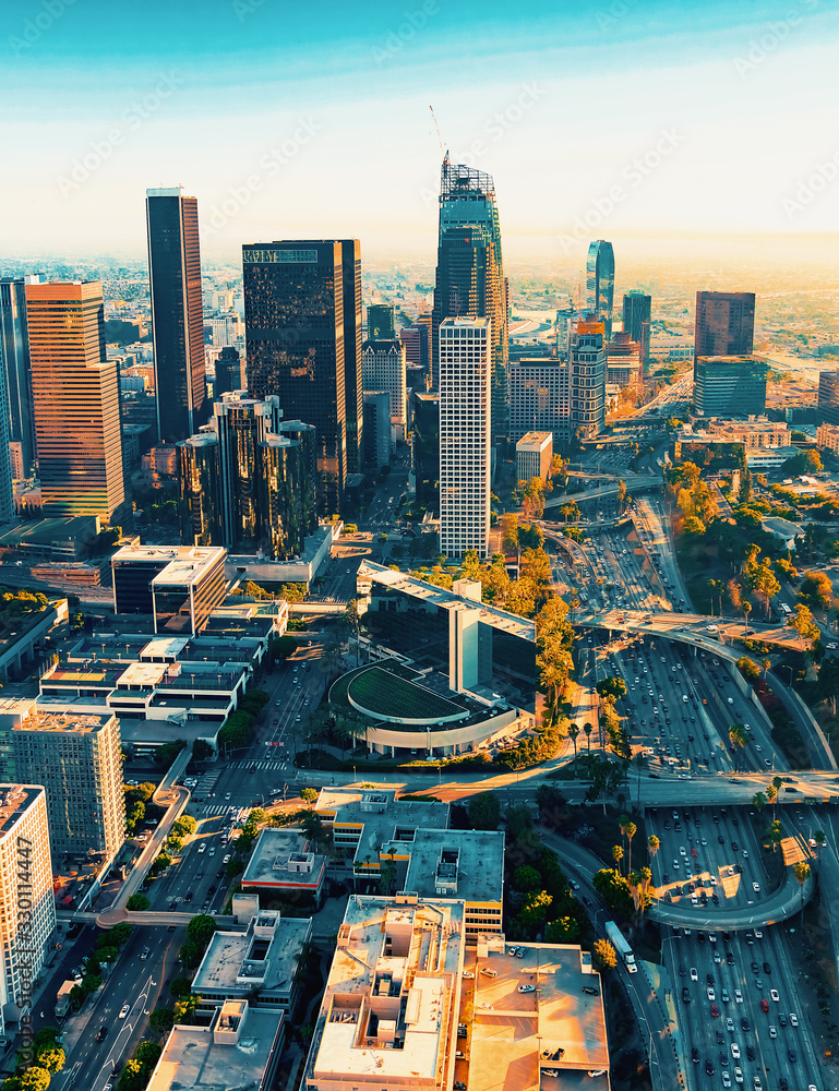 Aerial view of a Downtown Los Angeles at sunset