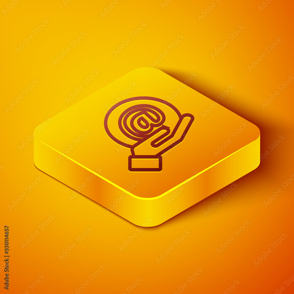 Isometric line Mail and e-mail in hand icon isolated on orange background. Envelope symbol e-mail. E