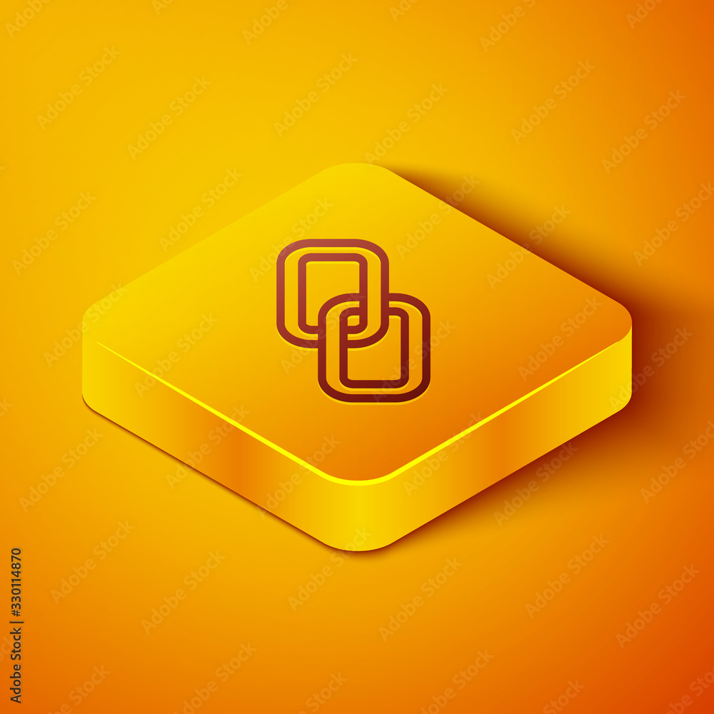 Isometric line Chain link icon isolated on orange background. Link single. Yellow square button. Vec