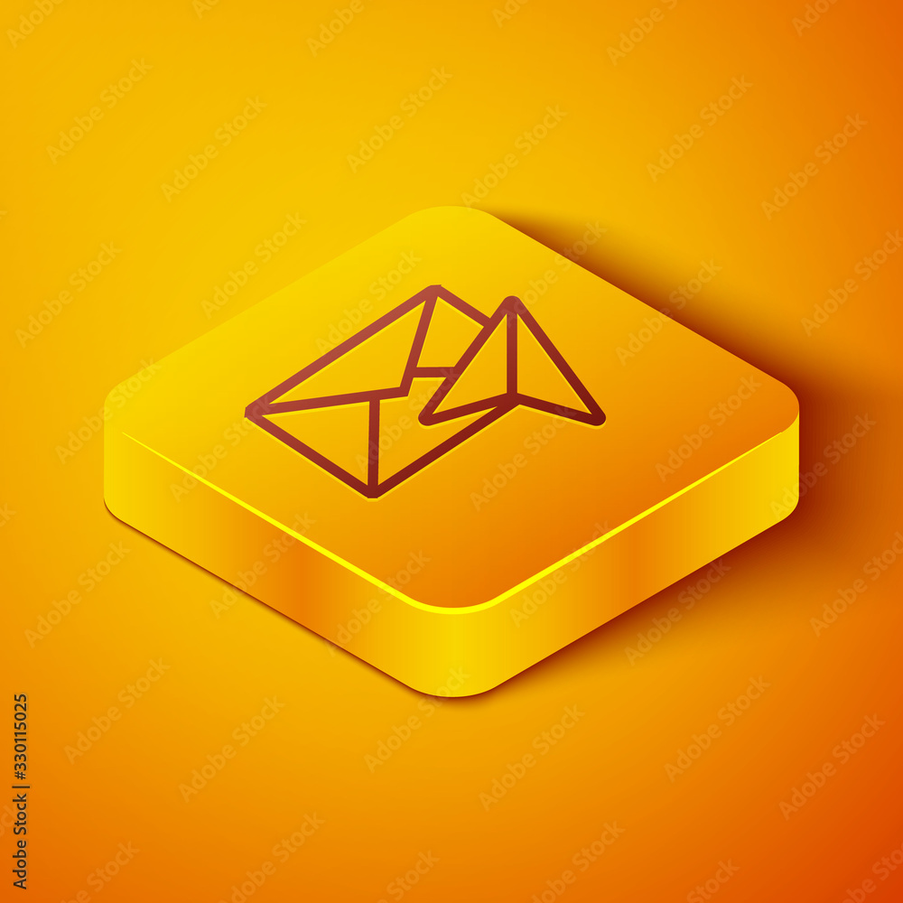 Isometric line Envelope icon isolated on orange background. Email message letter symbol. Yellow squa