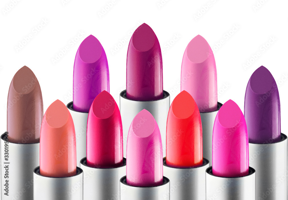 Lipstick colourful tints palette. Fashion Various colors Lipsticks isolated on white background, Pro