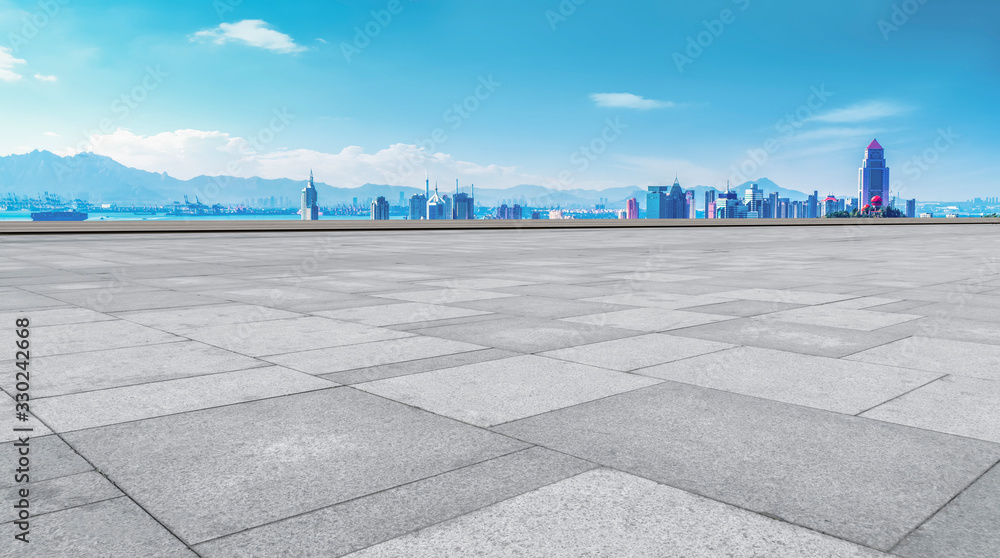 Skyline of Plaza Brick Pavement and Urban Architectural Landscape of Qingdao