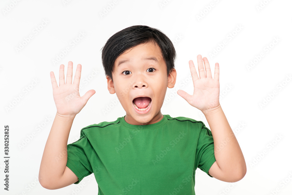 Photo of shocked little boy child hand up standing isolated over white background. Looking camera.