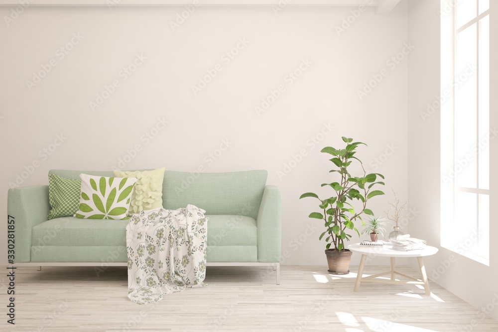 Modern living room in white color with sofa. Scandinavian interior design. 3D illustration