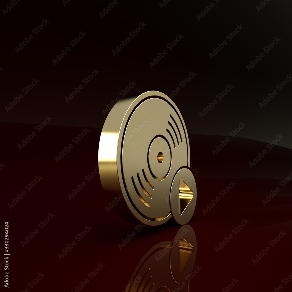 Gold Vinyl disk icon isolated on brown background. Minimalism concept. 3d illustration 3D render