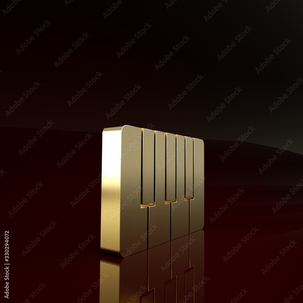 Gold Music synthesizer icon isolated on brown background. Electronic piano. Minimalism concept. 3d i