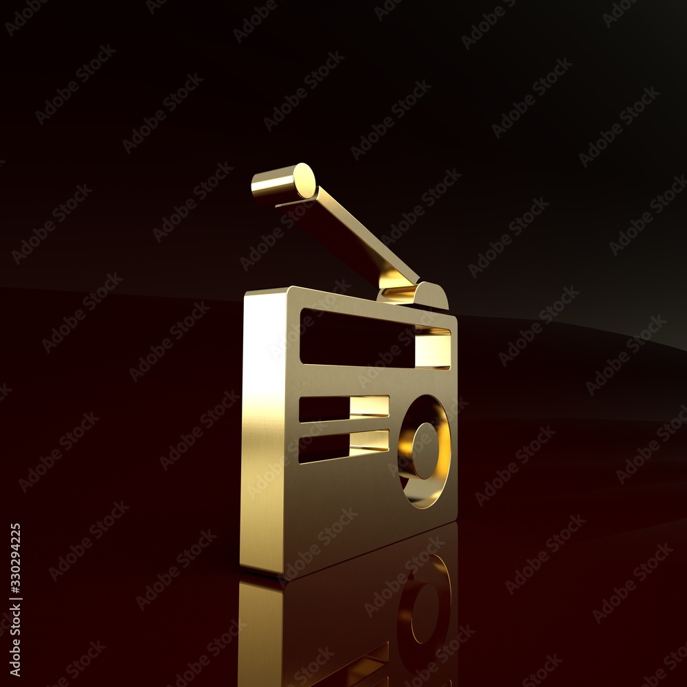 Gold Radio with antenna icon isolated on brown background. Minimalism concept. 3d illustration 3D re