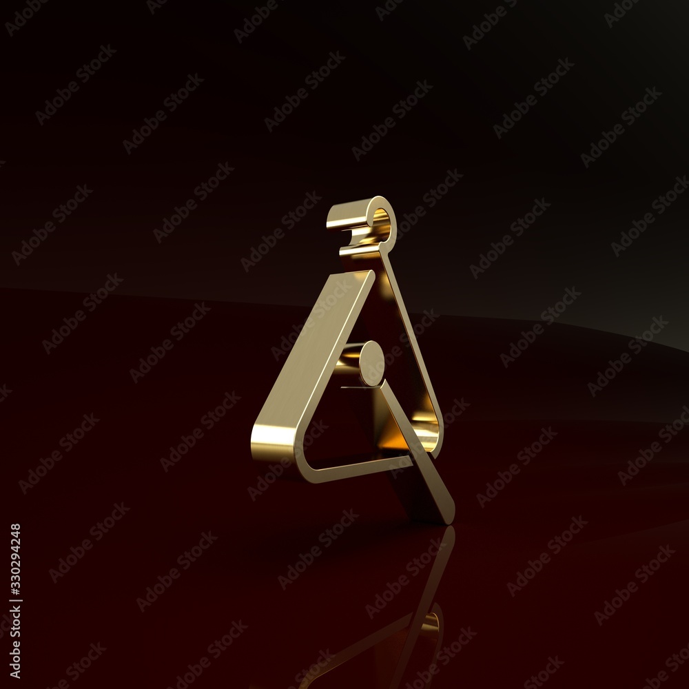 Gold Triangle musical instrument icon isolated on brown background. Minimalism concept. 3d illustrat