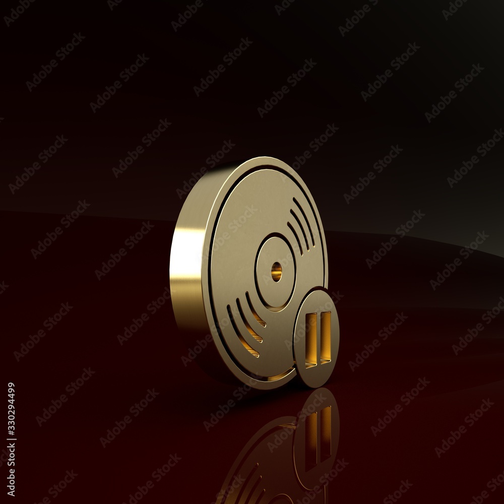 Gold Vinyl disk icon isolated on brown background. Minimalism concept. 3d illustration 3D render