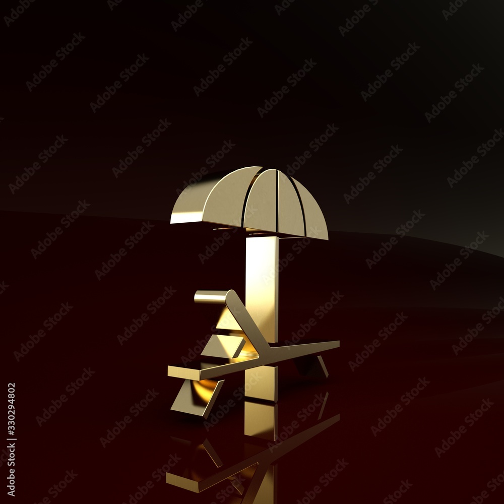 Gold Sunbed icon isolated on brown background. Beach umbrella and Sun lounger. Minimalism concept. 3