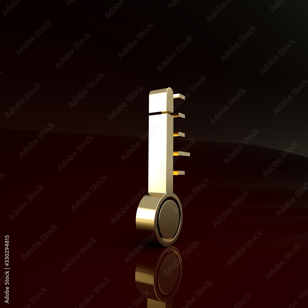 Gold Meteorology thermometer measuring icon isolated on brown background. Thermometer equipment show