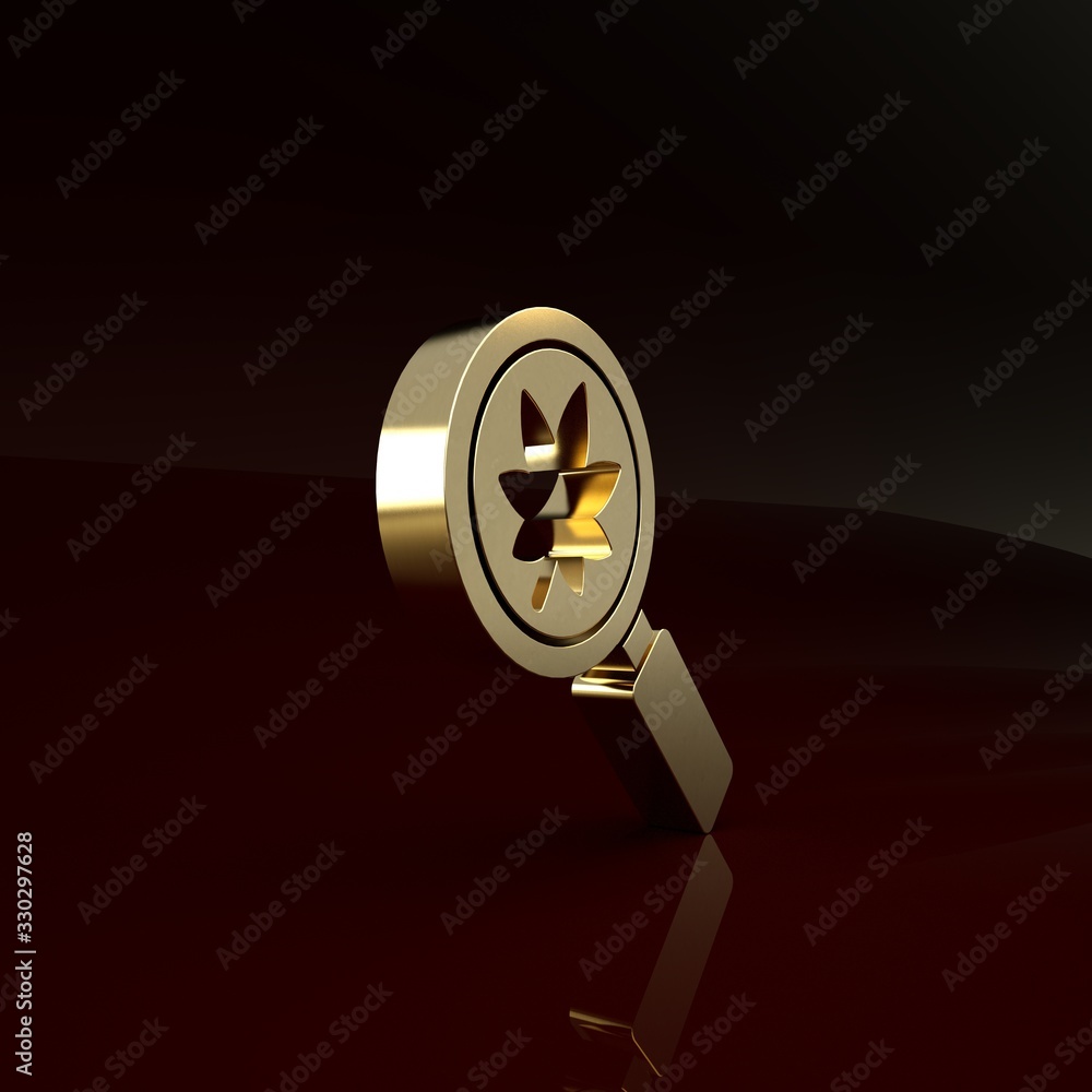 Gold Magnifying glass with leaf icon isolated on brown background. Scientific biology, study nature 