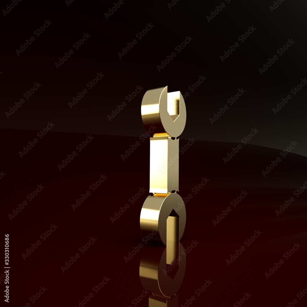 Gold Wrench spanner icon isolated on brown background. Minimalism concept. 3d illustration 3D render