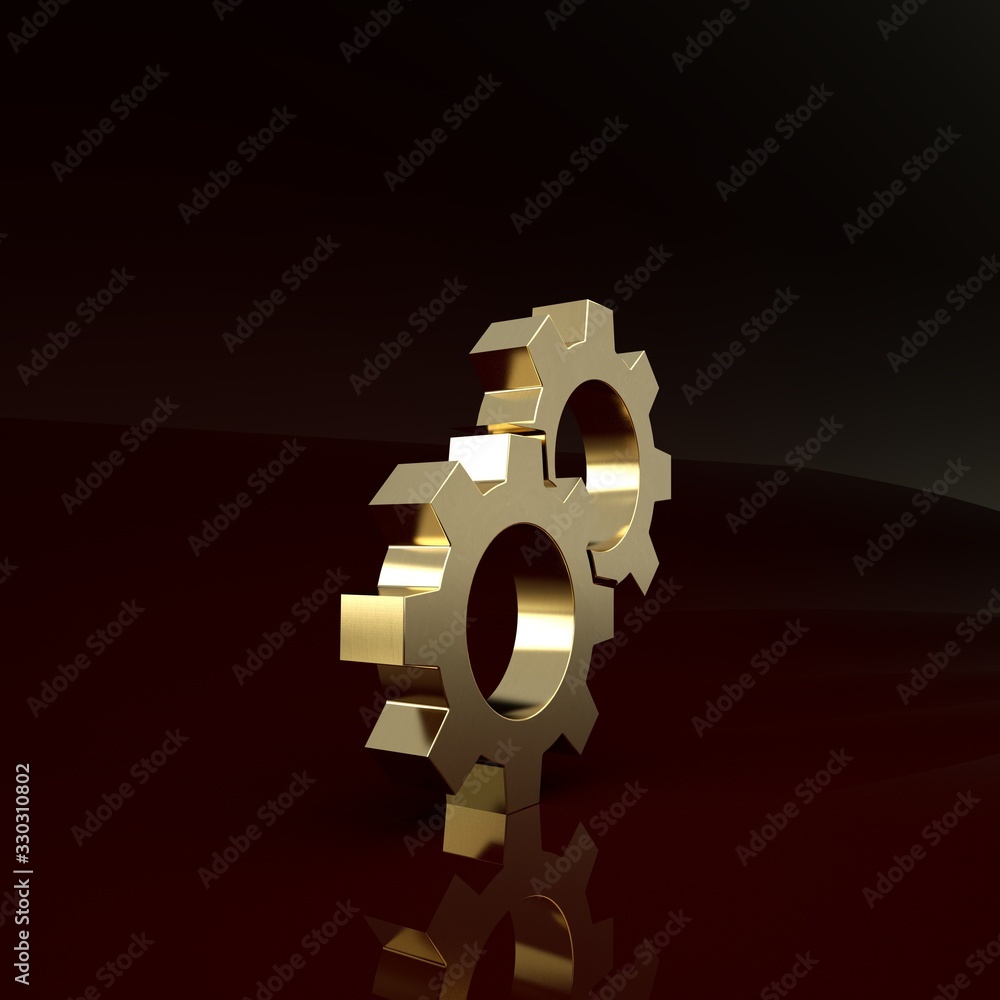 Gold Gear icon isolated on brown background. Cogwheel gear settings sign. Cog symbol. Minimalism con